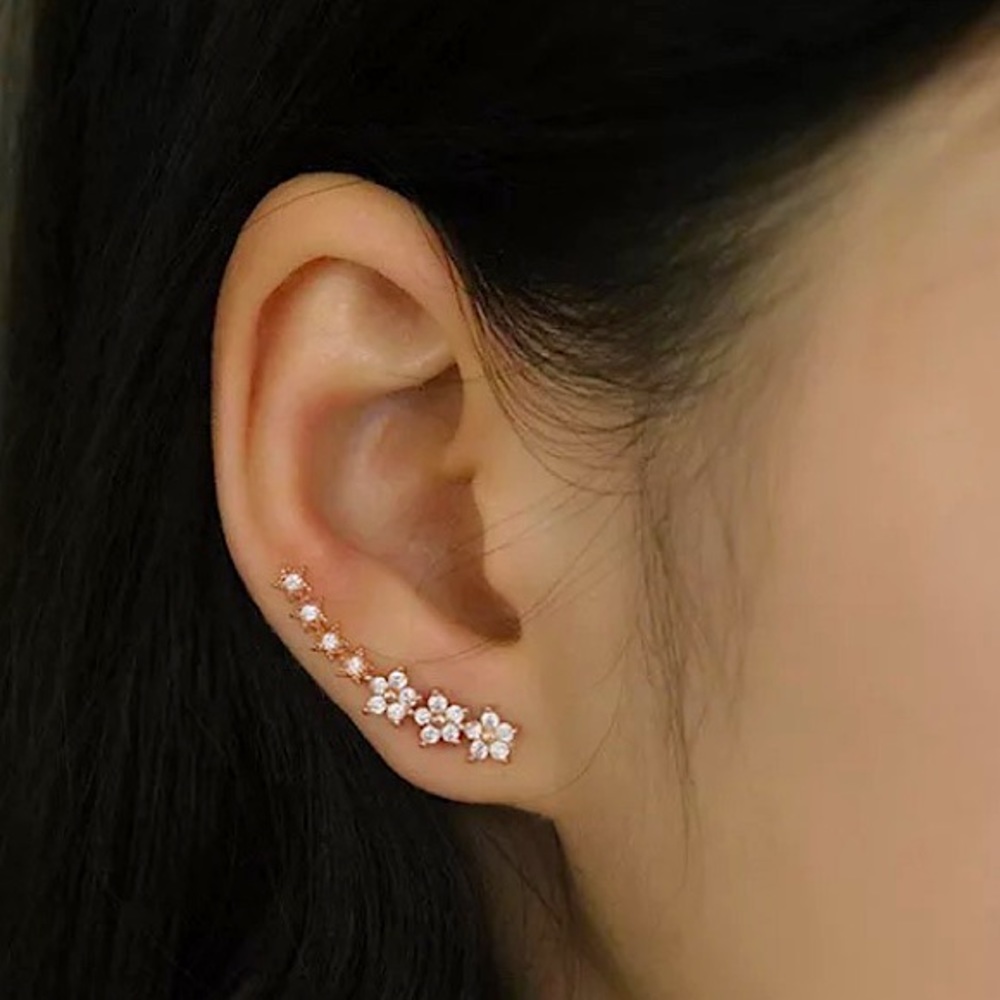 Cherry Blossom Diamond Climber/Crawler Floral Gold Dainty Wedding Gift Earrings - Picture 1 of 8